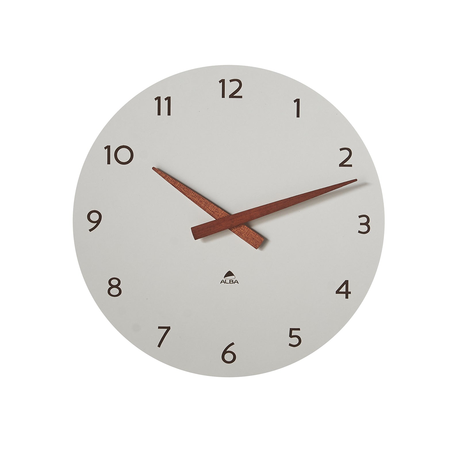 Round wall clock with wooden hands on a white background