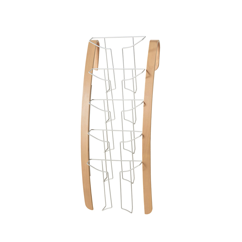 Wire magazine rack with wood-effect frame on a white background