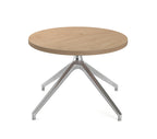 Round wood-effect table with metal legs on a white background