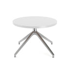 Round white table with metallic legs on a white background