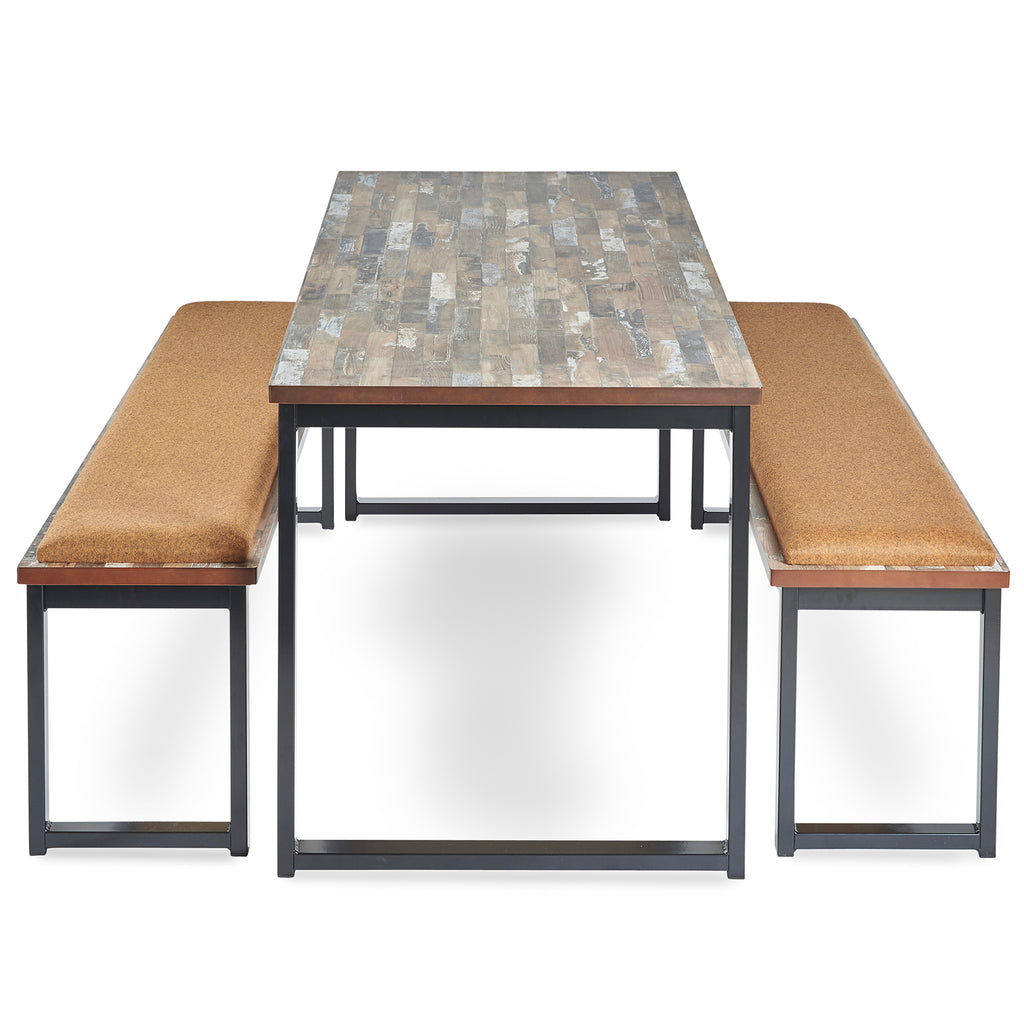Industrial-style dining table with a reclaimed wood-effect top and black metal frame, paired with two matching bench seats with cushioned upholstery, shown on a white background.