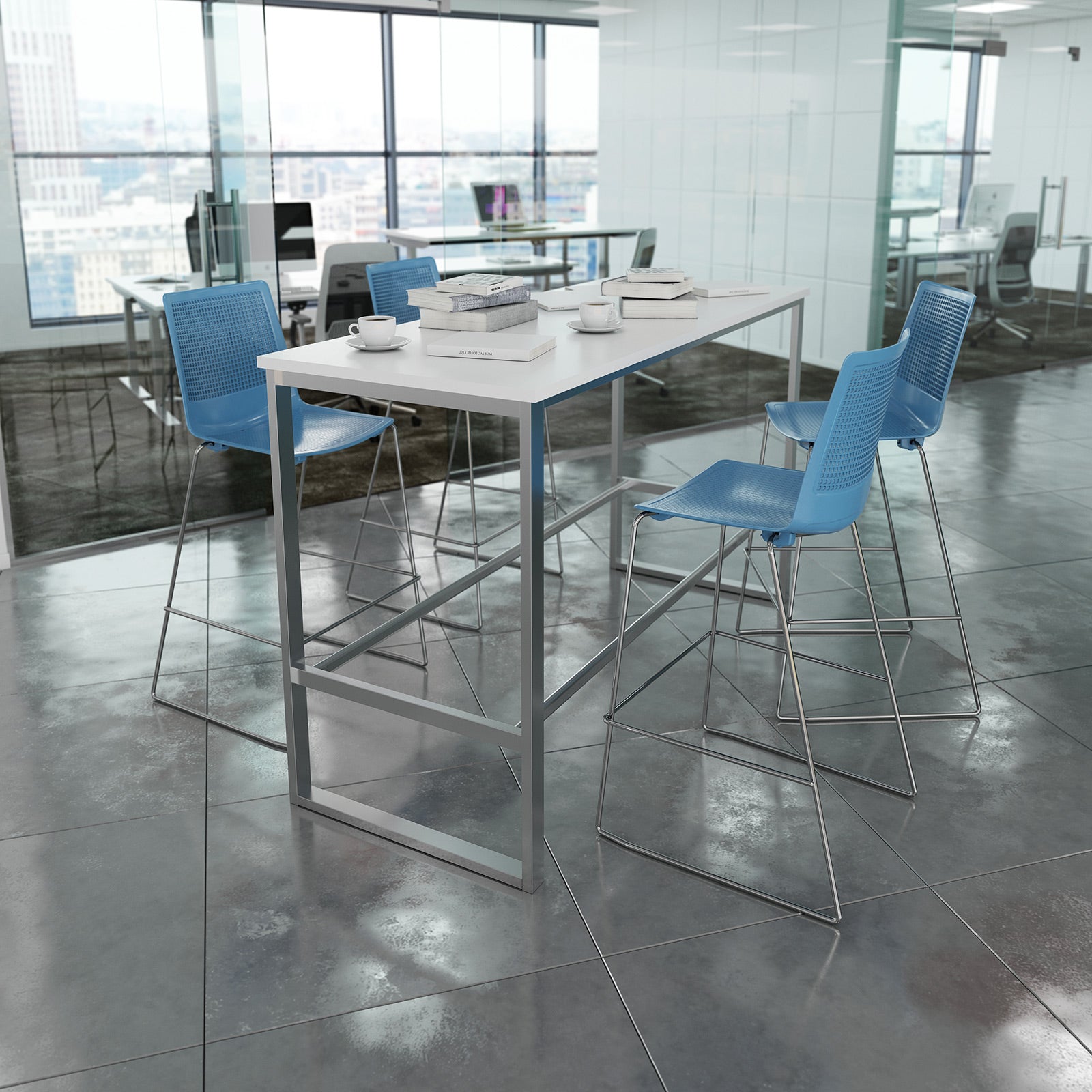 Modern office space with high tables and blue chairs