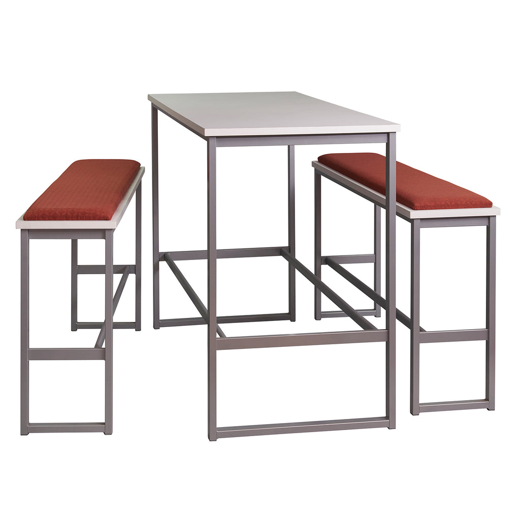 A 3-piece café height bar set featuring a rectangular metal table with a white top and two matching bar stools with rust-red cushions and white tops, set against a plain white background.