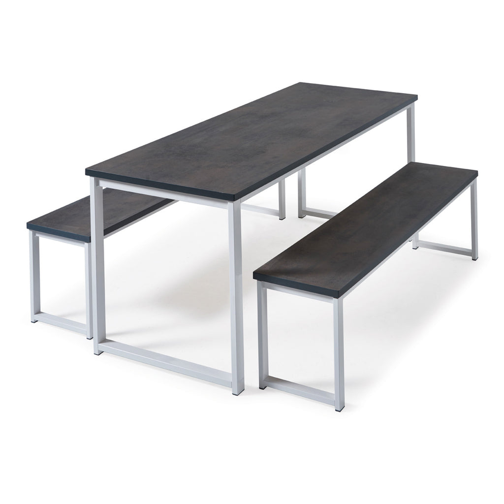 Rectangular industrial-style bench table with a dark wood-effect top and matching bench seats on silver metal frames, shown on a white background.