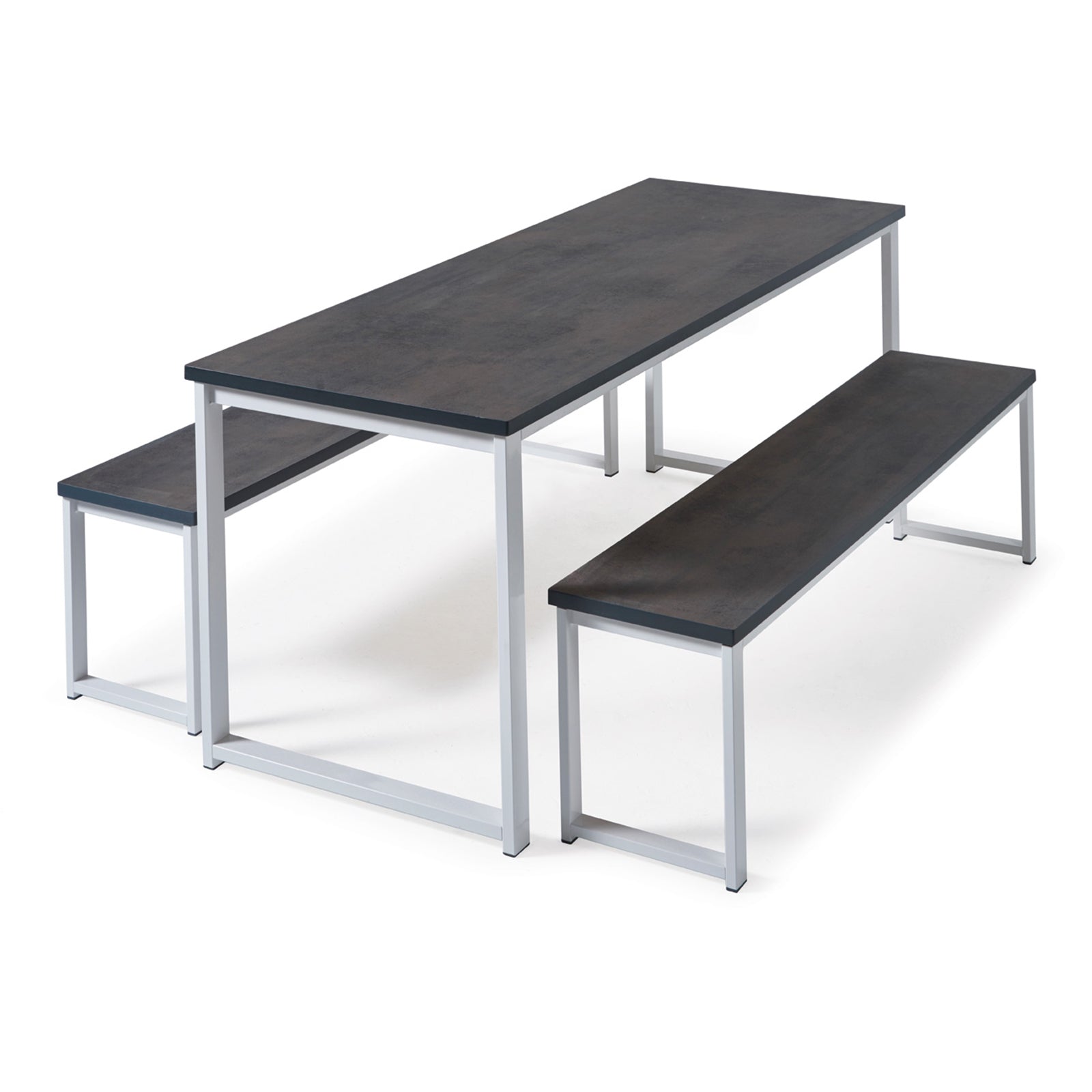 A rectangular cafeteria-style table with two attached benches, featuring dark brown wood-look seats and backs with silver metal frames, shown on a white background.