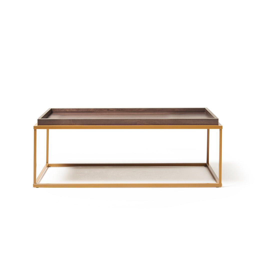Coffee table with wood-effect top and metal frame on a white background