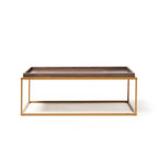 Coffee table with wood-effect top and metal frame on a white background