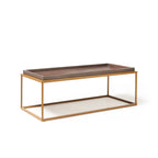 Coffee table with wood-effect top and metal frame on a white background