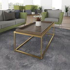 Modern living room with a coffee table and grey and green furniture.
