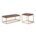 Two coffee tables with metal frames and dark wood-effect tops on a white background