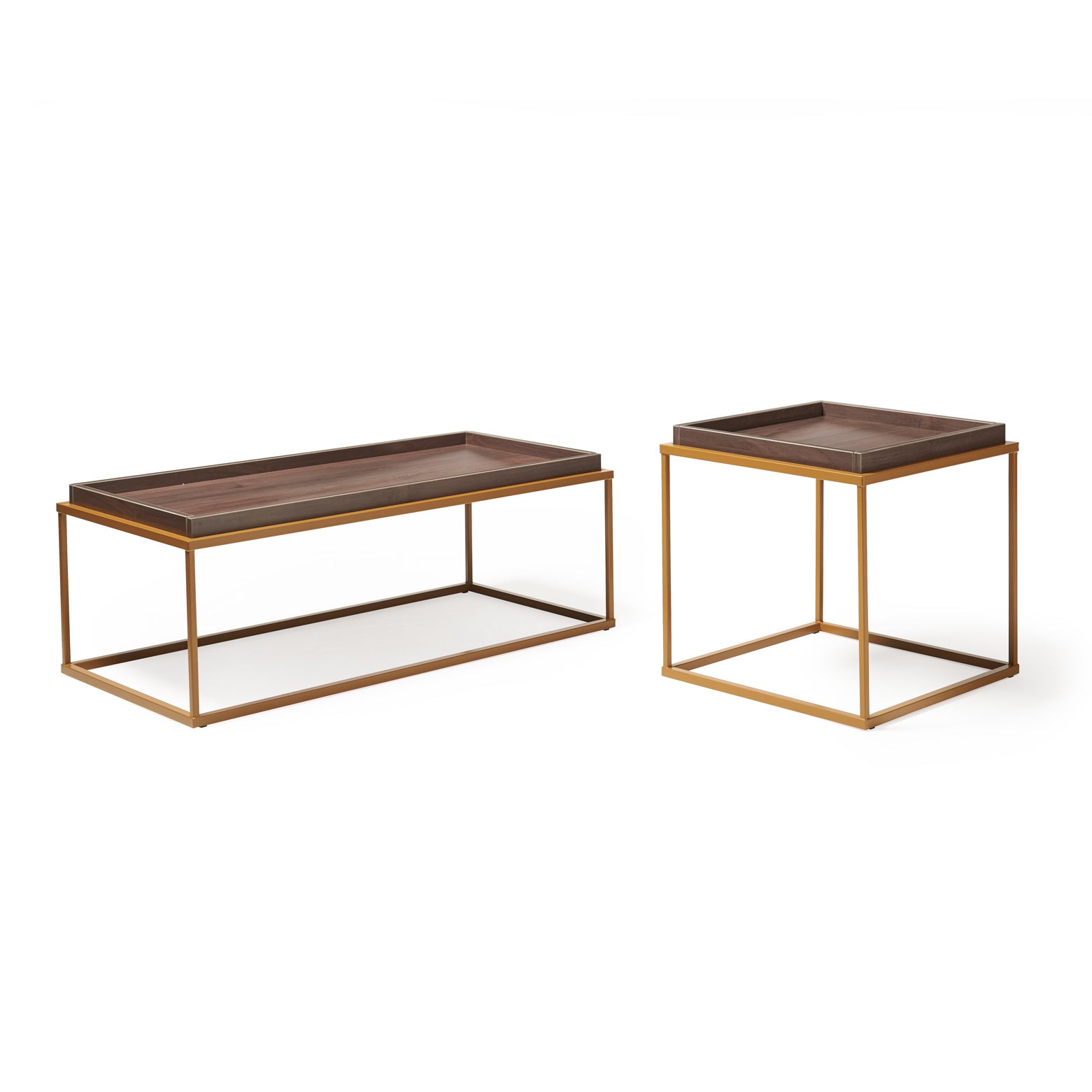 Two coffee tables with metal frames and dark wood-effect tops on a white background