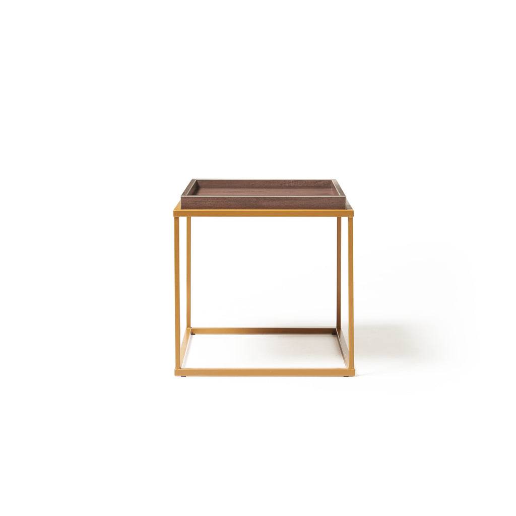 Square coffee table with wood-effect top and metal frame on a white background