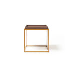 Square coffee table with wood-effect top and metal frame on a white background