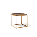 Square coffee table with wood-effect top and metal frame on a white background