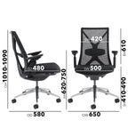 Black office chair with dimensions on a white background