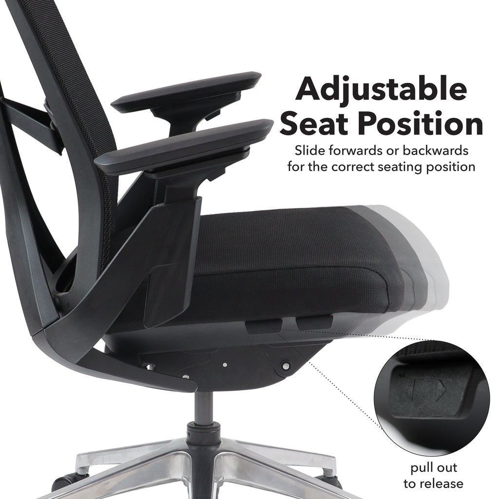 Ergonomic office chair with adjustable seat position feature on a white background