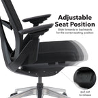Ergonomic office chair with adjustable seat position feature on a white background