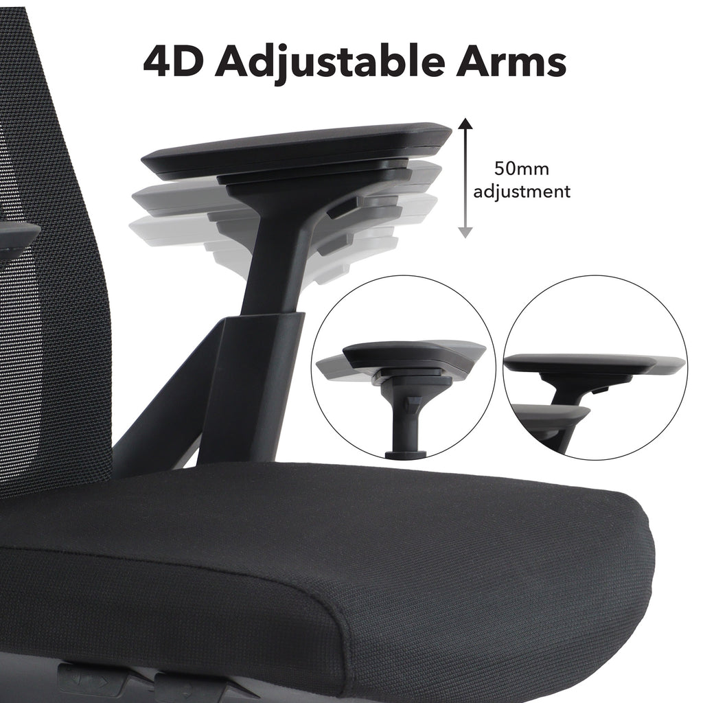 Ergonomic chair with 4D adjustable arms showing 50mm adjustment on a white background.