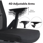 Ergonomic chair with 4D adjustable arms showing 50mm adjustment on a white background.