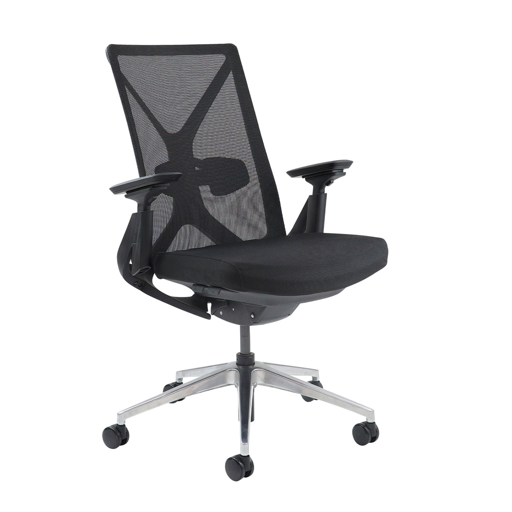 Black office chair with mesh backrest on a white background