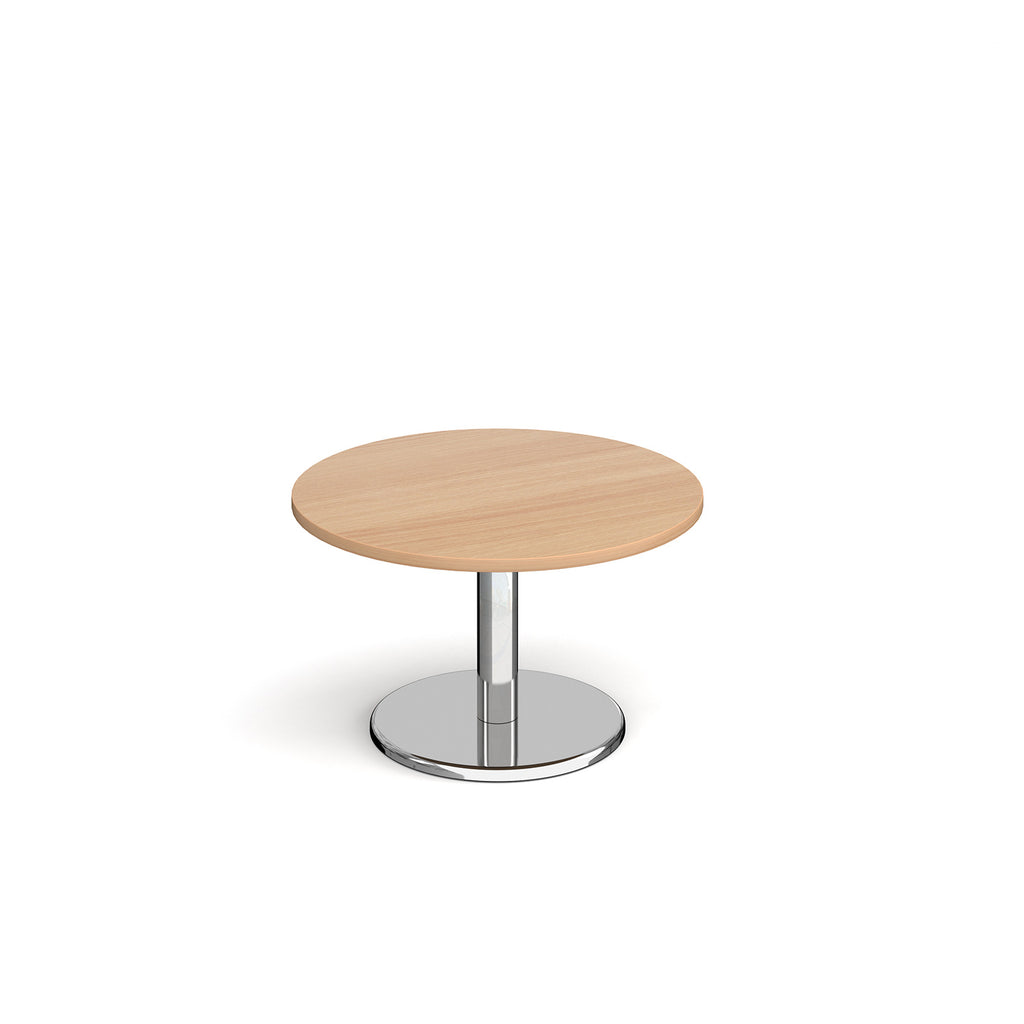Round coffee table with wood-effect top and chrome base on a white background