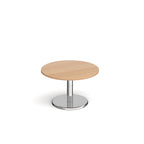 Round coffee table with wood-effect top and chrome base on a white background