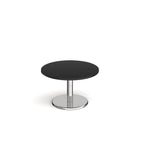 Round coffee table with black top and chrome base on a white background