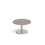 Round coffee table with grey wood-effect top and chrome base on a white background