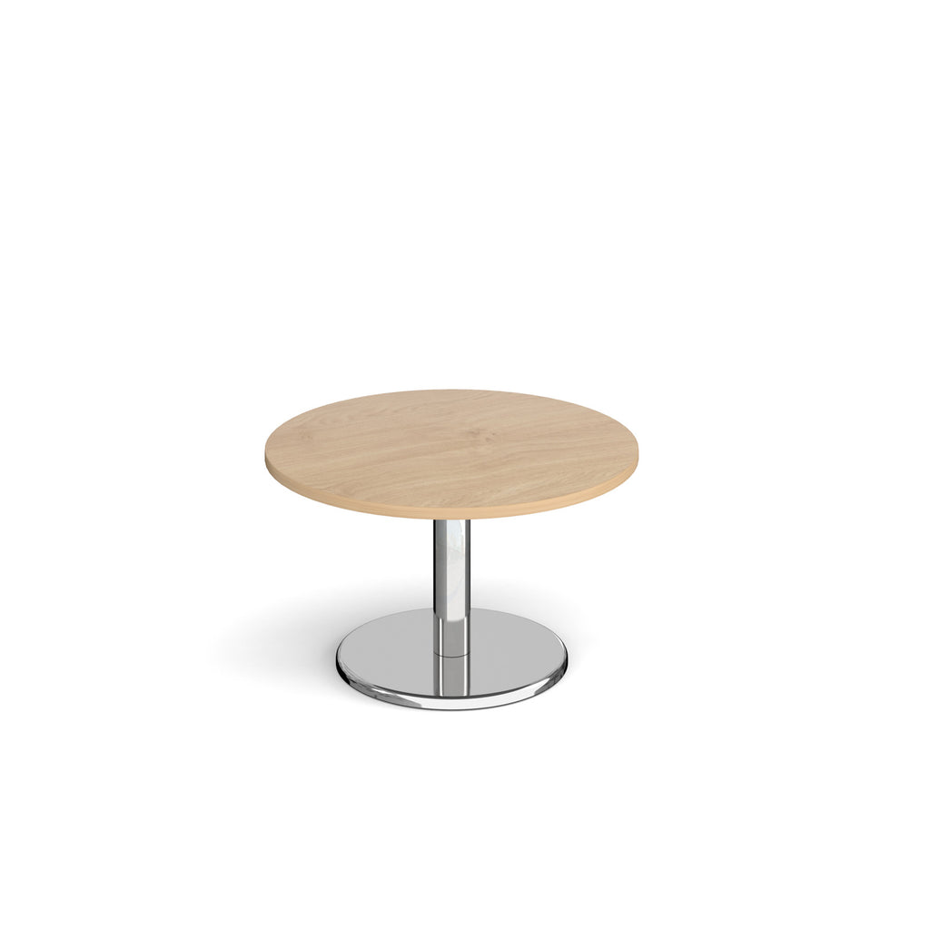 Round coffee table with wood-effect top and chrome base on a white background