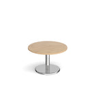 Round coffee table with wood-effect top and chrome base on a white background