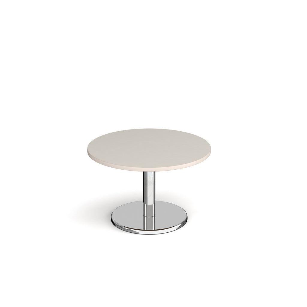 Round coffee table with light grey top and chrome base on a white background