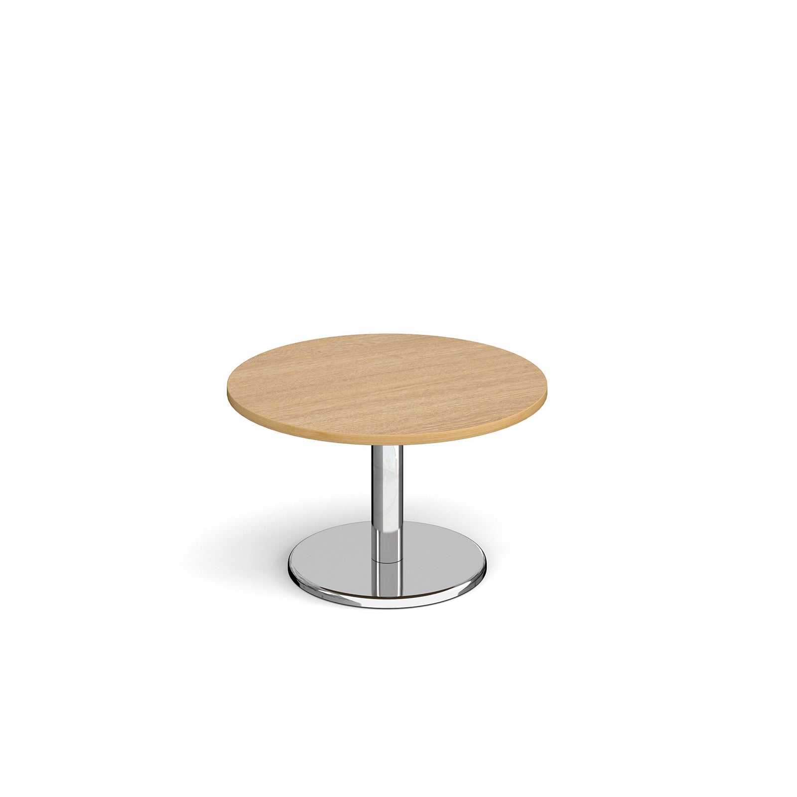 Round coffee table with wood-effect top and chrome base on a white background