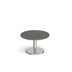 Round coffee table with grey top and chrome base on a white background