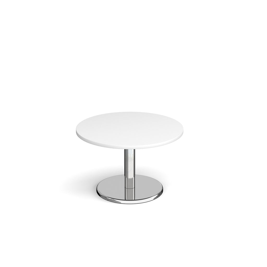 Round coffee table with white top and chrome base on a white background