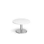 Round coffee table with white top and chrome base on a white background