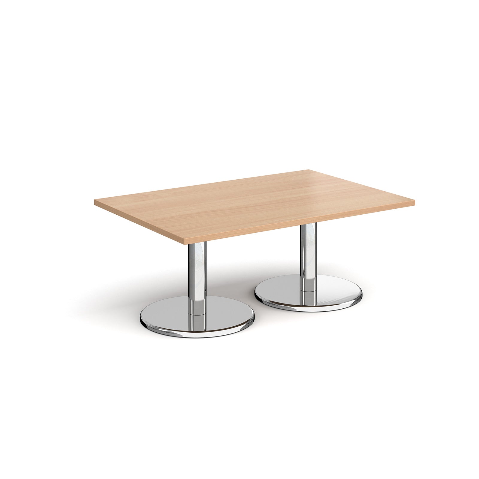 Rectangular coffee table with wood-effect top and chrome base on a white background
