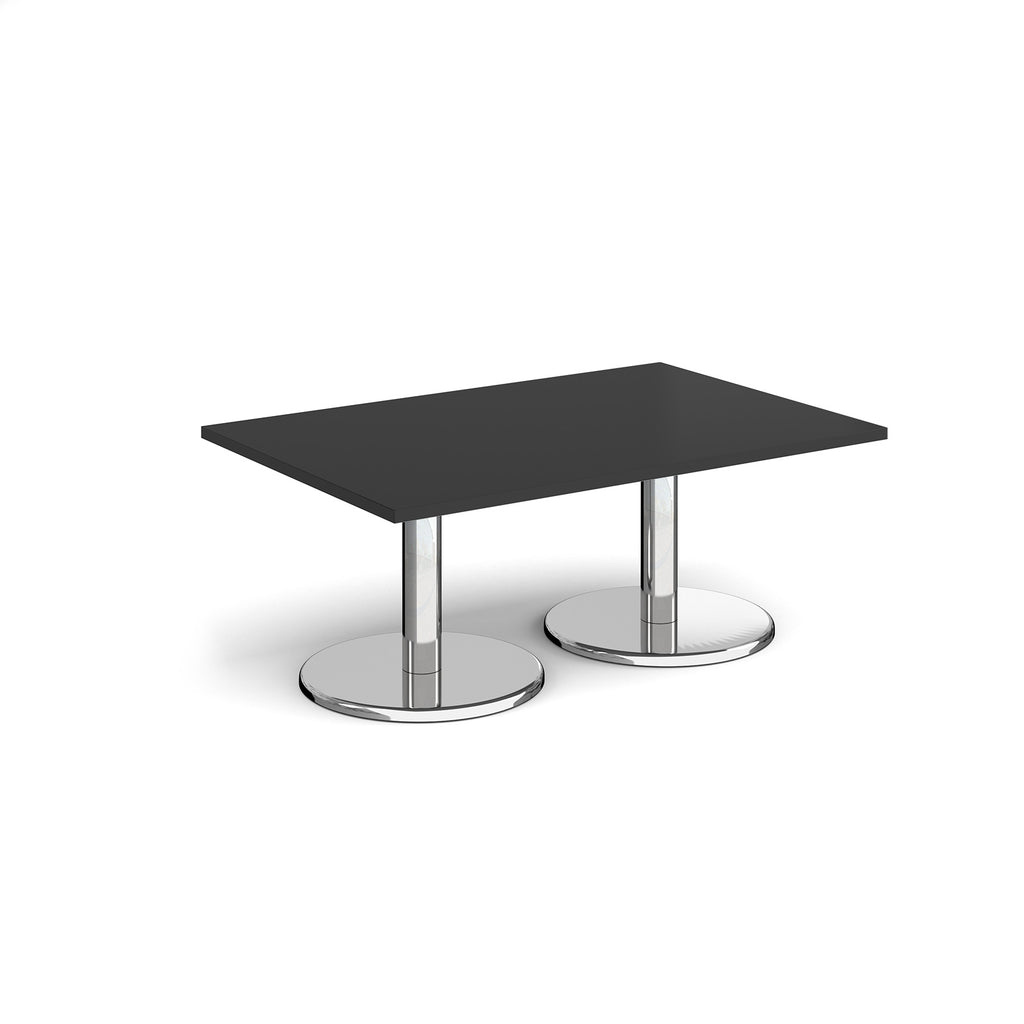 Rectangular coffee table with black top and chrome base on a white background