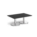 Rectangular coffee table with black top and chrome base on a white background