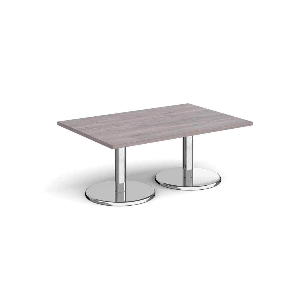 Rectangular coffee table with grey wood-effect top and chrome base on a white background