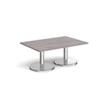 Rectangular coffee table with grey wood-effect top and chrome base on a white background