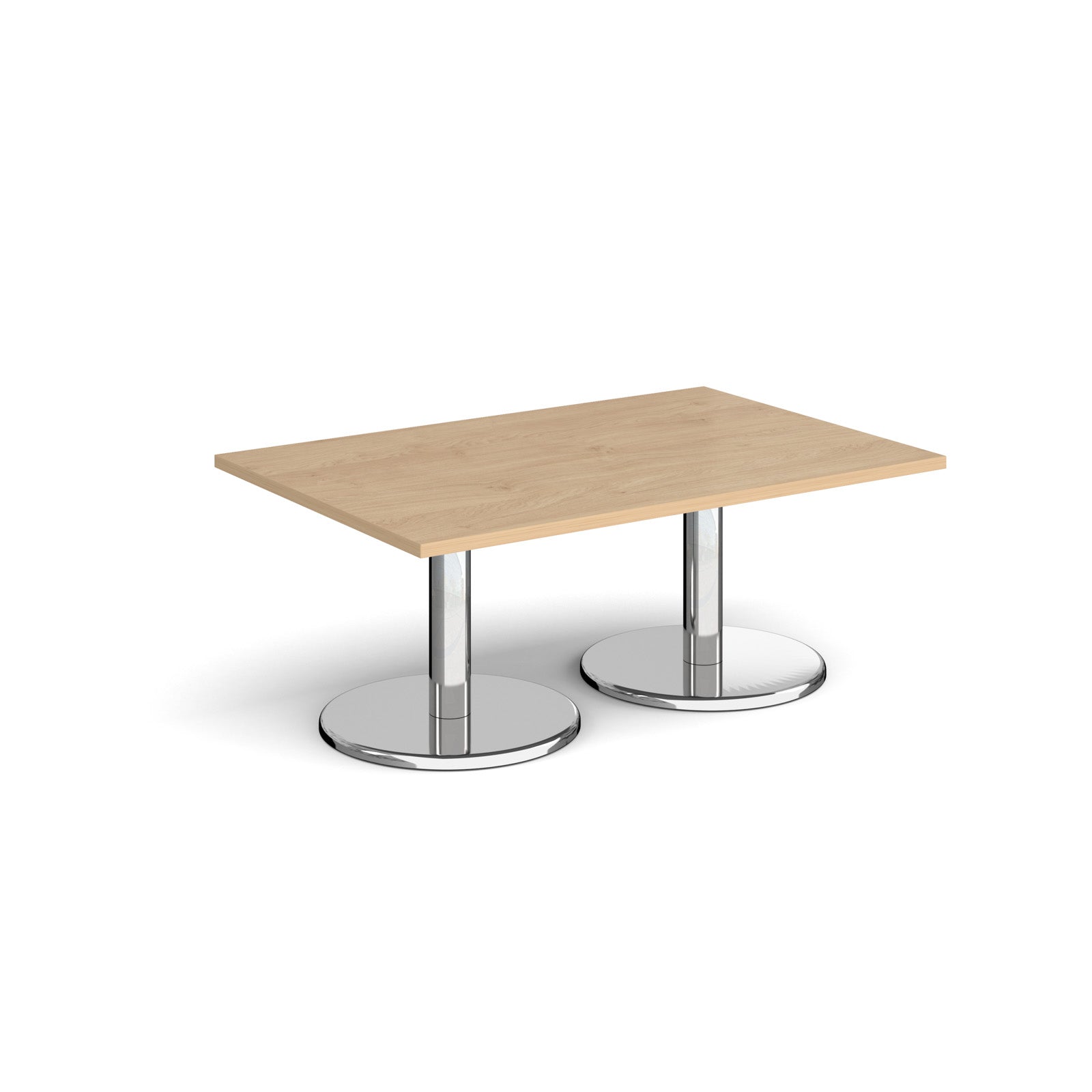 Rectangular coffee table with wood-effect top and chrome base on a white background