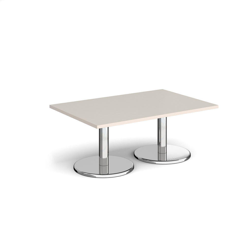 Rectangular coffee table with light grey top and chrome base on a white background