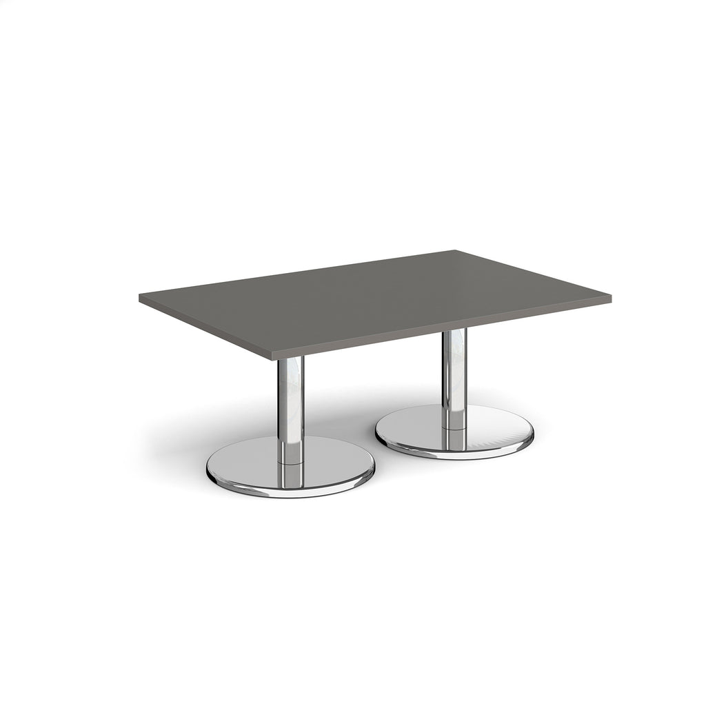 Rectangular coffee table with grey top and chrome base on a white background