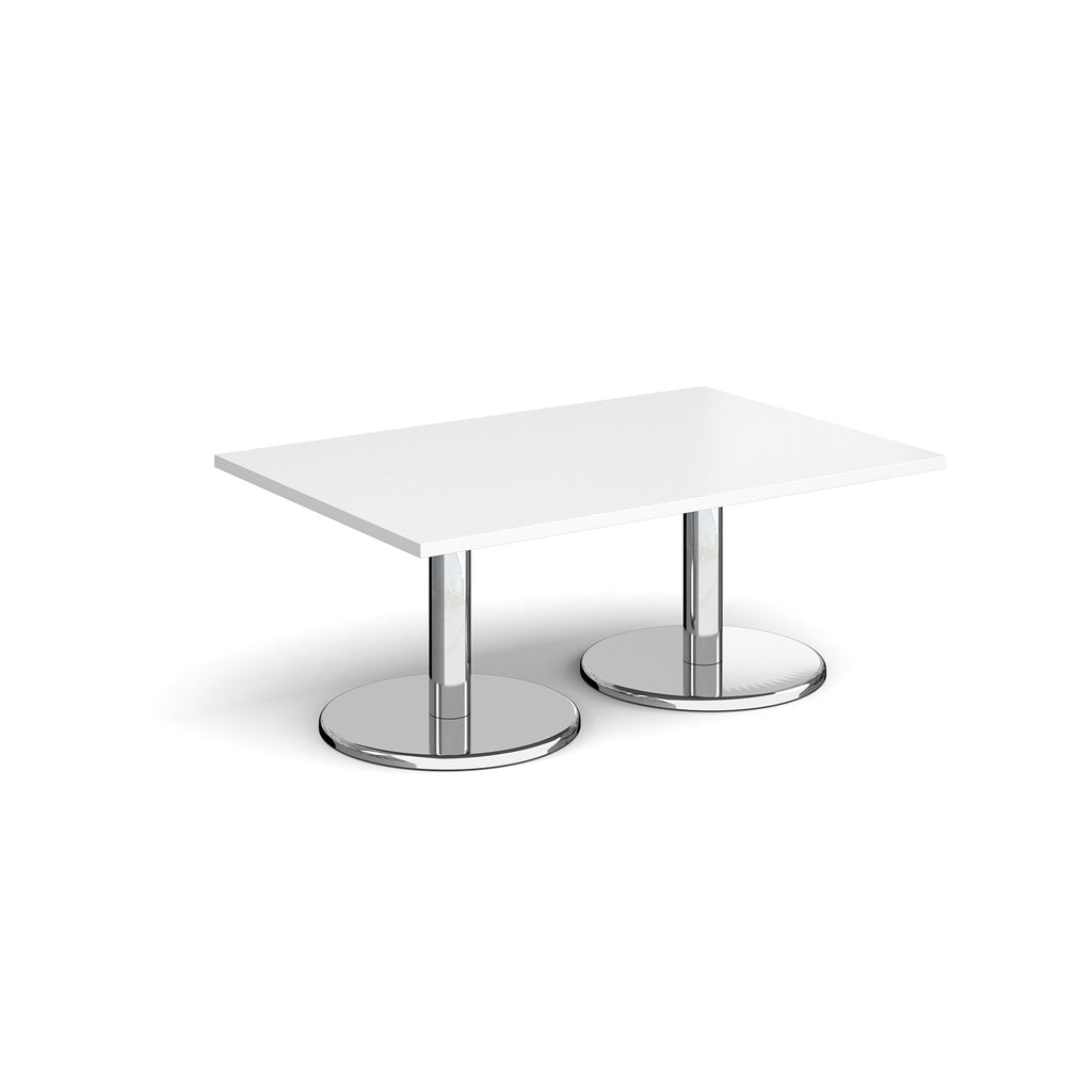 Rectangular coffee table with white top and chrome base on a white background