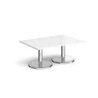 Rectangular coffee table with white top and chrome base on a white background