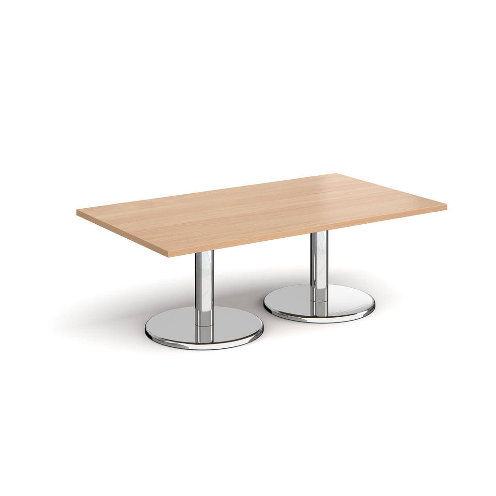 Rectangular coffee table with wood-effect top and chrome base on a white background