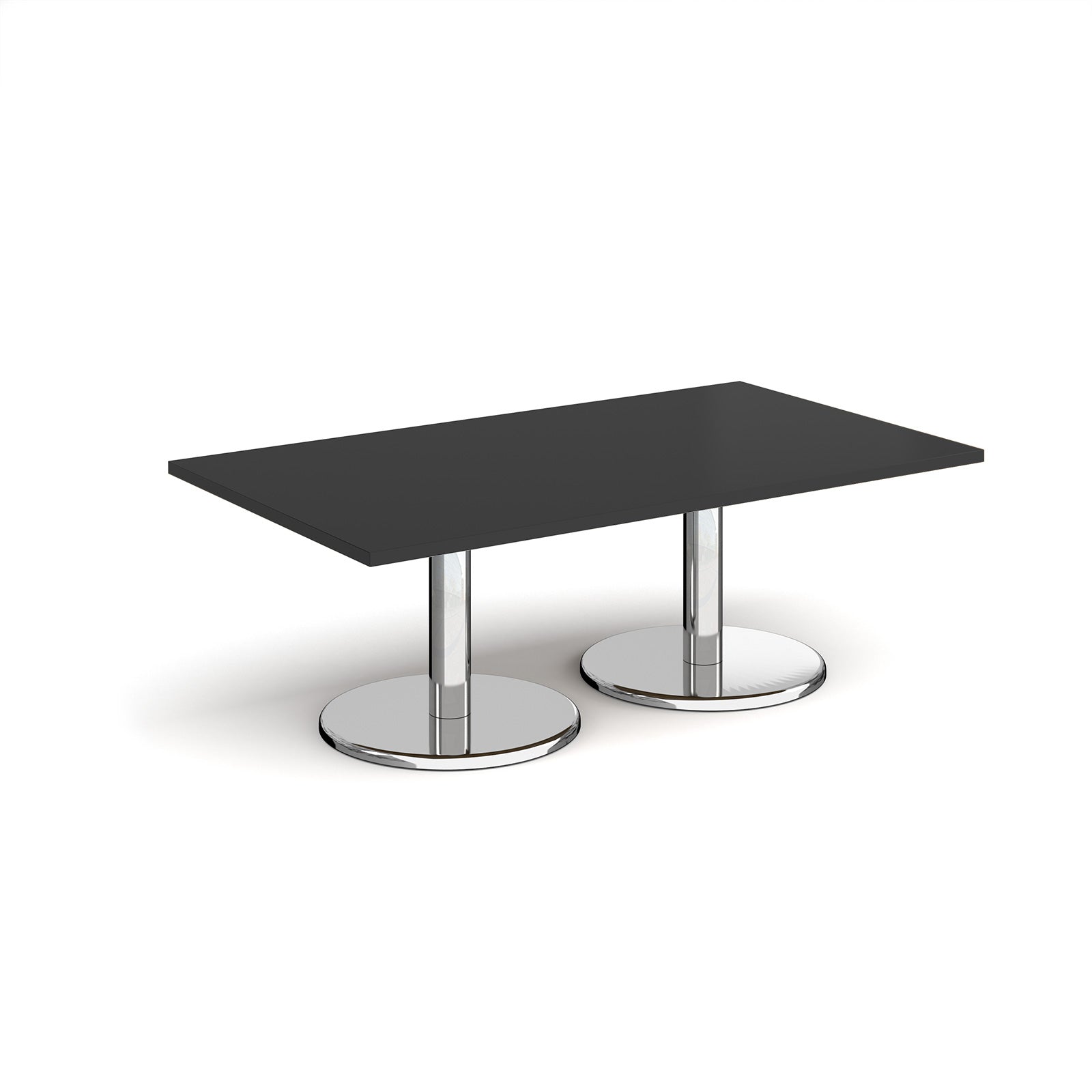 Rectangular coffee table with black top and chrome base on a white background