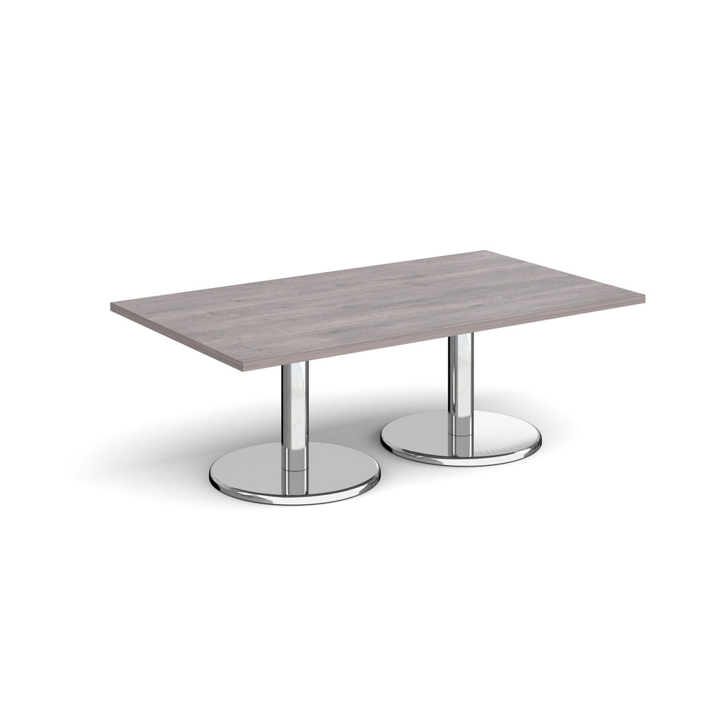 Rectangular coffee table with grey wood-effect top and chrome base on a white background