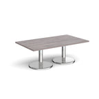 Rectangular coffee table with grey wood-effect top and chrome base on a white background