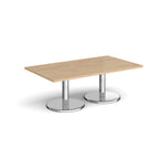 Rectangular coffee table with wood-effect top and chrome base on a white background